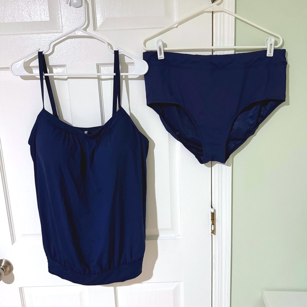Lands End Navy Blue Blouson Tankini Top and High Waist Bottom Set 16